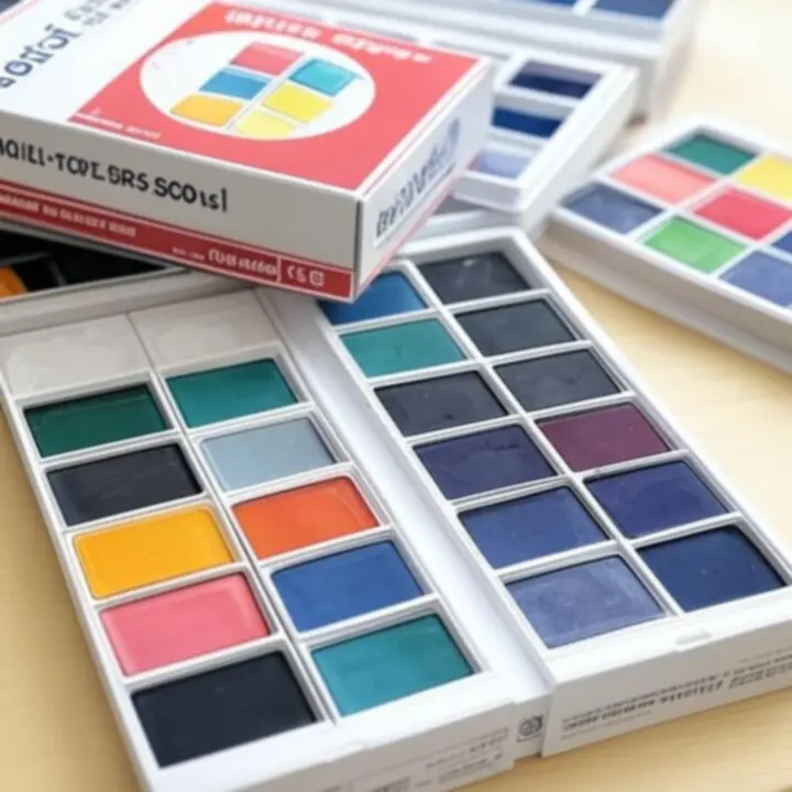 Zestawy farb malarskich ułożone na stole