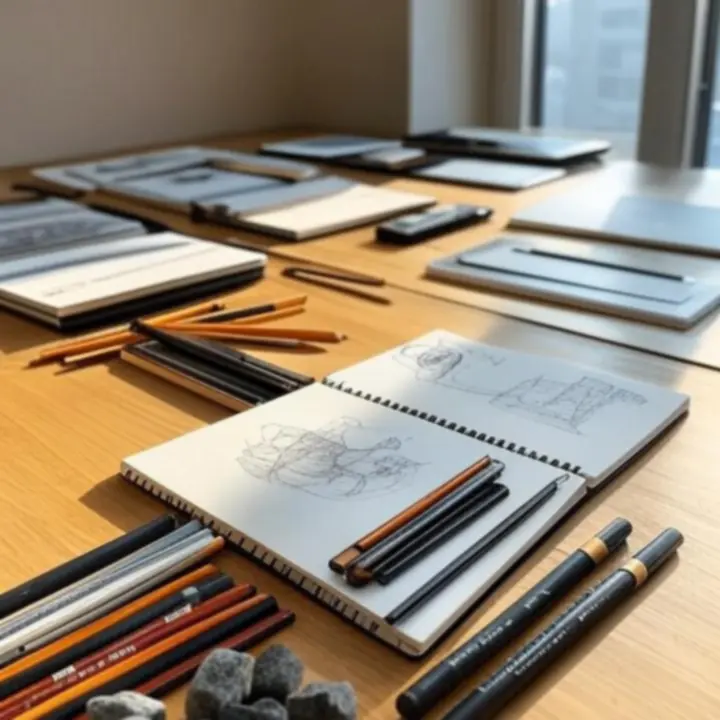Zestaw narzędzi do rysunku ułożony na biurku