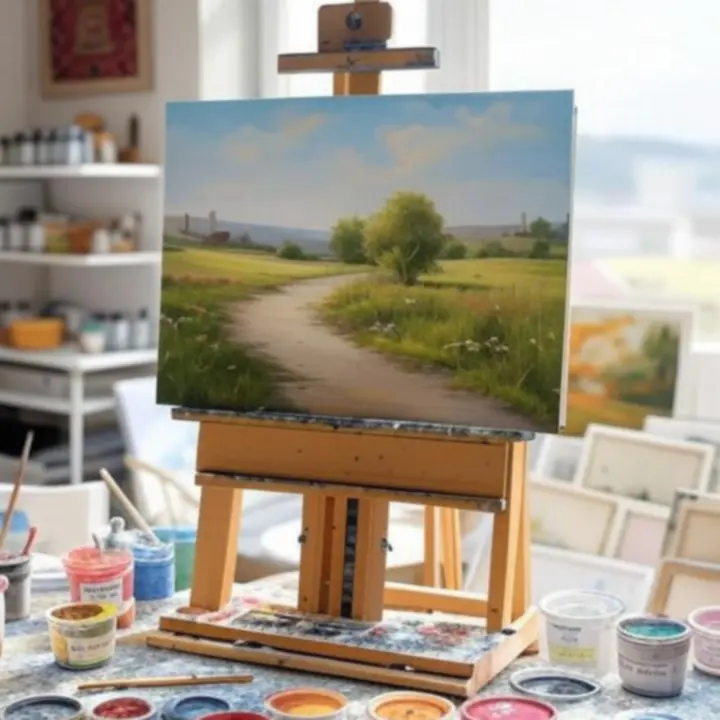 Starannie zorganizowane stanowisko malarskie z farbami, pędzlami i płótnem