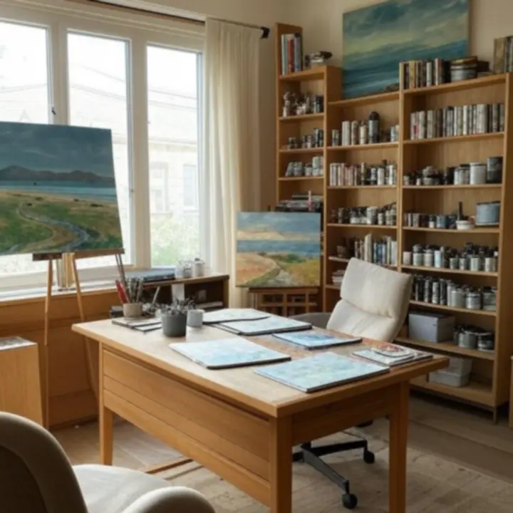 Przytulny kącik malarski z płótnem, farbami i pędzlami