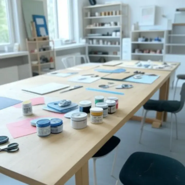 Zestaw materiałów plastycznych ułożonych na blacie roboczym