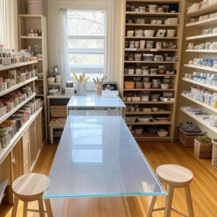 Dobrze zorganizowane stanowisko pracy do rękodzieła z półkami i pojemnikami